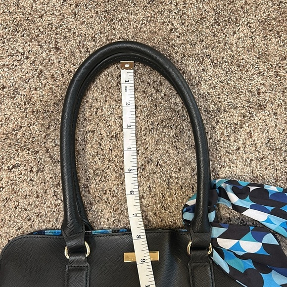TRINA TURK BLACK VEGAN SHOULDER BAG BLUE BLACK DOT INTERIOR WITH BAG SCARF - Picture 13 of 16